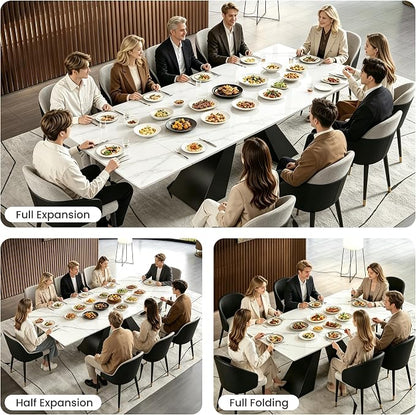 Modern Telescoping Dining Table for 8-10 People, 63-94.5 Inch Retractable White Simulated Marble Tabletop Thick Carbon Steel Base for Dining Room Kitchen Family Party