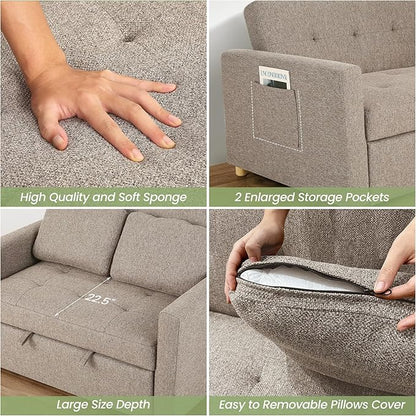 SEJOV 3-in-1 Convertible Sofa Bed, Linen Fabric Sleeper Couch Pull Out Bed, 49" 2-Seater Loveseat Futon Sofa with Spring Support, Adjustable Backrest and Pillows for Small Spaces, Living Room