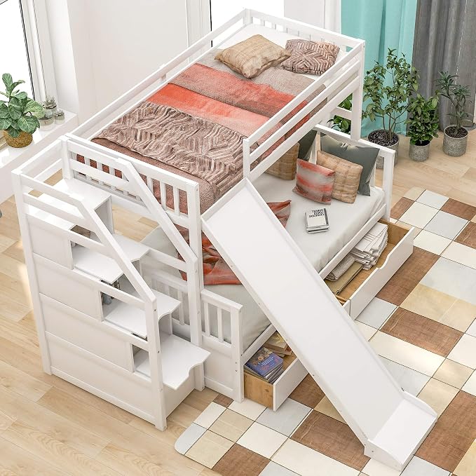 Solid Wood Twin Over Full Bunk Bed with Slide, Drawers, 4 Stair, Three Storage Grids and Full Length Guardrail, Multifunction play house Bunk Bed for Kids/Adults, No Box Spring Needed (White+ss)