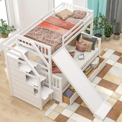 Solid Wood Twin Over Full Bunk Bed with Slide, Drawers, 4 Stair, Three Storage Grids and Full Length Guardrail, Multifunction play house Bunk Bed for Kids/Adults, No Box Spring Needed (White+ss)