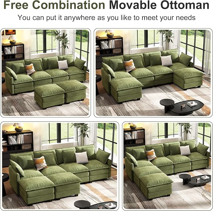 107" Cloud Couch Sectional, U Shaped Modular Sectional Sofa, 4-Seat Deep Seat Couch with 6 Removable Washable Pillows and 2 Ottoman for Living Room, Bedroom, Apartment, Green