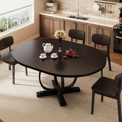 iPormis 59'' Extendable Round Dining Table for 4 to 6, Oval Kitchen Table with Sturdy X-Base Metal Legs, MDF Board with Backboard Clasp, Space Saving, Easy Assembly, Kitchen Dining Living Room, Black