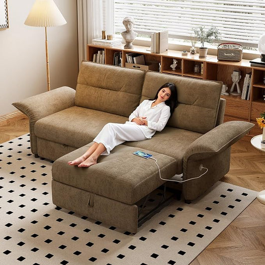 85" Pull Out Sofa Bed Full Size, Pre-Assembled Flannel Sleeper Sofa, Convertible Loveseat Futon Couch, Adjustable Armrest with USB, Pillows, for Apartment, Living Room, Small Spaces, Brown