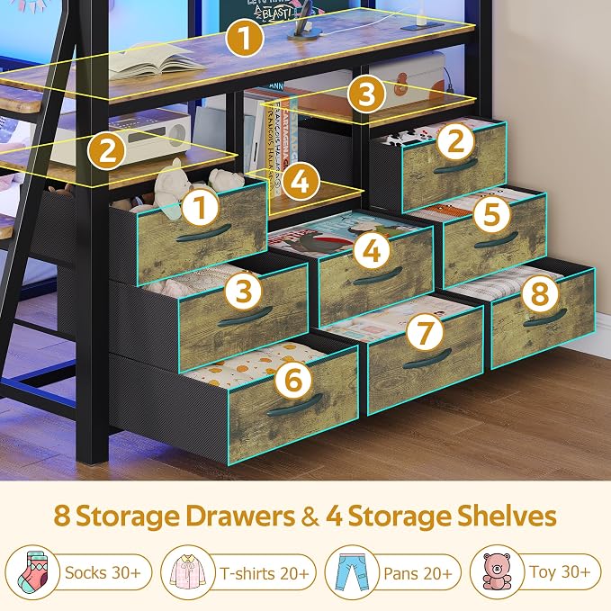 Bunk Bed Twin Over Twin,Low Bunk Bed with 8 Drawers & 4 Shelves & 15" H Safety Guardrail,Metal L-Shaped Twin Bunk Bed with LED Lights and Charging Station,Floor Bunk Beds with Ladder,Vintage Brown