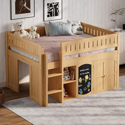 Full Size Loft Bed with Storage Cabinet & Chalkboard Panel, Wood Loft Bed Frame, Space-Saving Design, Natural