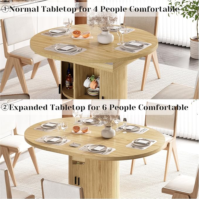 Vipbear Extendable Dining Table 43-59" for 4-6 People, Solid Wood Top with Fluted Slide Door & 8-Compartment Storage, Space Saving Round Dining Room Kitchen Dinner Tables Furniture with Pedestal Base