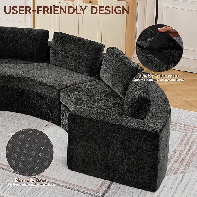 WUTUTUEE 145'' Curved Round Boneless Couch, Oversized U Shaped Sofa with Deep Seat & Arms, Chenille Modular Sectional Sofa with Pillows, Upholstered Comfy 10 Seat Couch for Living Room, Black