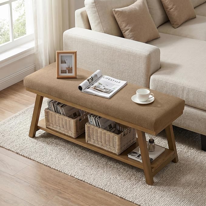Zihanhome 45" Entryway Bench Upholstered Storage Bench for Bedroom Shoe Rack Bench for Living Room, Hallway, Mudroom, Balcony, Sturdy Indoor Bench Seat Holds Up to 300 lbs (Brown)