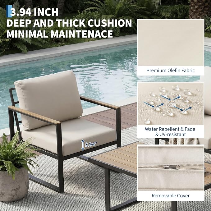 Outdoor Patio Furniture Set, 4-Piece Outdoor Conversation Sofa Set, Lawn Furniture with Coffee Table & Washable Thick Cushions,Seating Sofa for Garden, Deck, Backyard,Beige