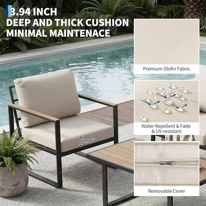 Outdoor Patio Furniture Set, 4-Piece Outdoor Conversation Sofa Set, Lawn Furniture with Coffee Table & Washable Thick Cushions,Seating Sofa for Garden, Deck, Backyard,Beige