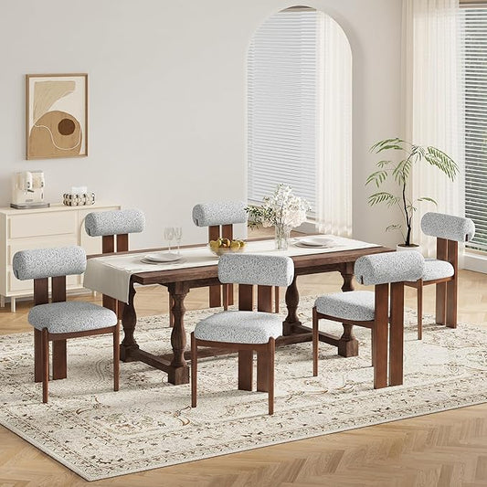MALOL Modern Wooden Dining Chairs Set of 6, Upholstered Fabric Kitchen Chairs with Sculptural Backrest, Mid-Century Farmhouse Dining Room Chairs with Solid Wood Legs, Light Grey