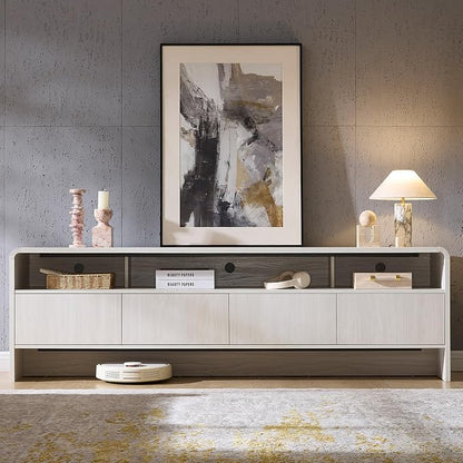 AMERLIFE 70" Modern TV Stand for TVs Up to 80", Wood TV Console with Curved Profile Design & 2 Storage Cabinets, Media Console Entertainment Center for Living Room, White