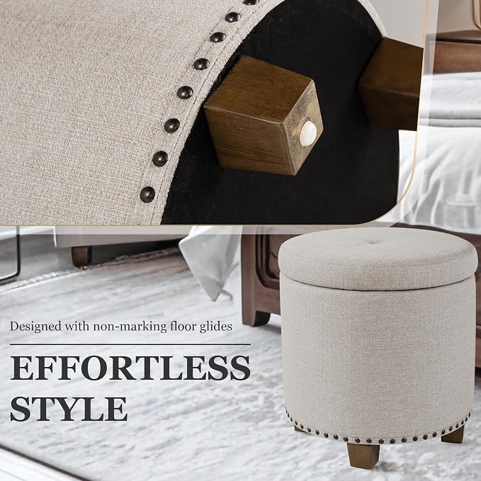 HomePop 18.5" Round Storage Ottoman with Nailheads - Light Brown Fabric