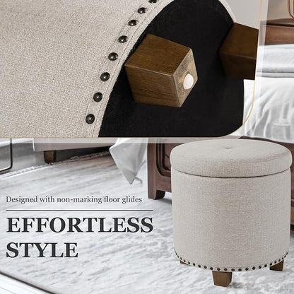HomePop 18.5" Round Storage Ottoman with Nailheads - Light Brown Fabric