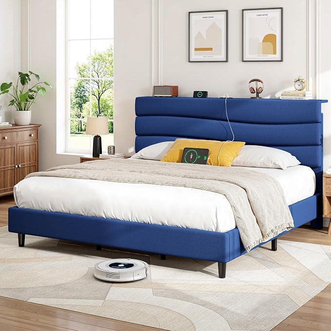 EnHomee Full Size Bed Frame with Adjustable Height Upholstered Headboard, 3 USB Charging Ports, Noise-Free Platform Bed, No Box Spring Needed,Navy Blue