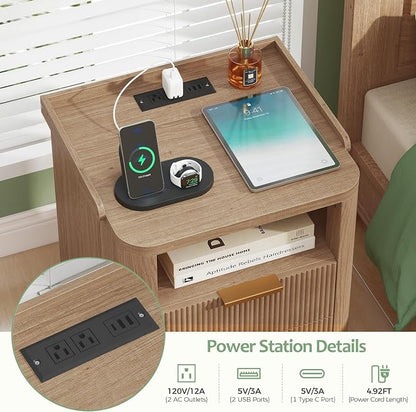 Turosur Night Stand with Charging Station, Fluted NightStand with LED Light and 2 Drawers, Wood Bedside Table with Open Storage, Modern