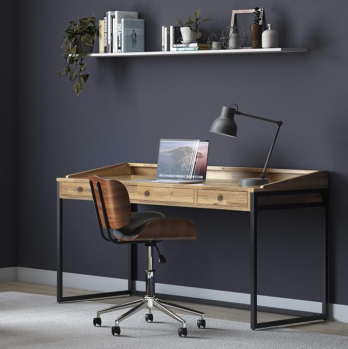 SIMPLIHOME Ralston Desk - 60 Inch Wide Solid Acacia Wood and Metal Writing Desk in Distressed Golden Wheat, Modern Industrial Home Office Computer Table with 2 Drawers and Flip-Down Keyboard Tray