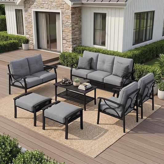 RoyalCraft Outdoor Patio Furniture Set, 9 Seats Outdoor Patio Set with 4" Thick Cushion, All-Weather Metal Patio Sofa with Coffee Table, Outdoor Sectional Furniture for Porch Backyard, Khaki&Grey