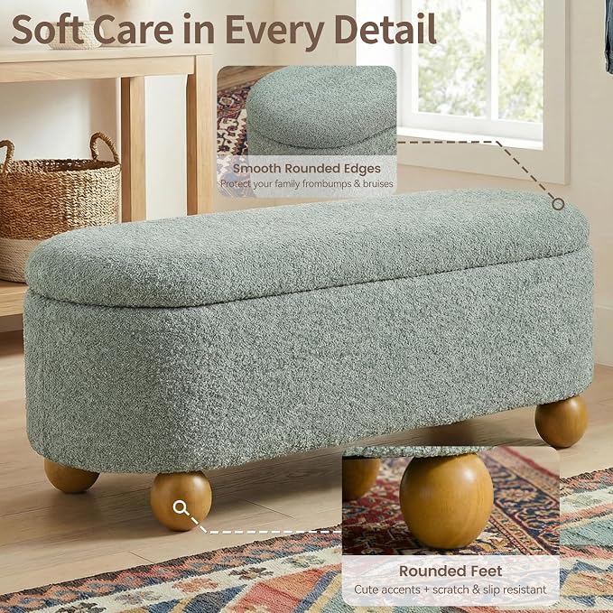 VKNOW 44.8" Storage Ottoman Bench End of Bed Bench, Thickened Upholstered Blanket Chest for Living Room, Entryway Bench with Cute Spherical Solid Wood Stool Legs for Bedroom, Light Green