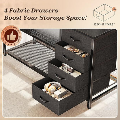 PRAISUN 53" L Shaped Desk with Power Outlets & USB-C Port, Reversible Computer Corner Office Desk with 4 Fabric Drawers and 2 Storage Shelves, Large Desk for Gaming Writing Work Study, Black
