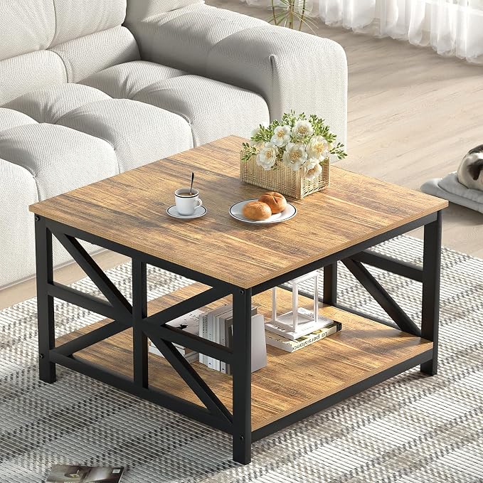 GreenForest Rustic Living Room Coffee Table with 2 Tier Storage | X Metal Frame Square Center Table with Seamless One-Piece Tabletop,27.55 inch Sofa Table,Scratch-resistant,Walnut