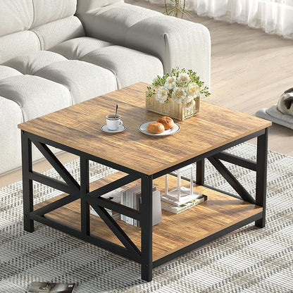 GreenForest Rustic Living Room Coffee Table with 2 Tier Storage | X Metal Frame Square Center Table with Seamless One-Piece Tabletop,27.55 inch Sofa Table,Scratch-resistant,Walnut