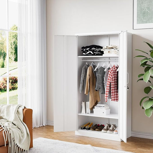 BYNSOE Metal Storage Cabinet 72'' Metal Locker with Locking Storage Locker with Hanging Rod for Office Hospital Require Assembly (White)