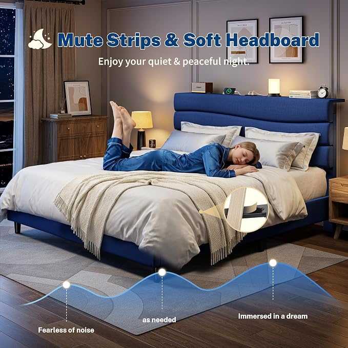 EnHomee King Bed Frame with Upholstered Headboard, Navy Blue | Adjustable Height , Charging Station, No Box Spring Needed, Noise-Free,Easy Assembly