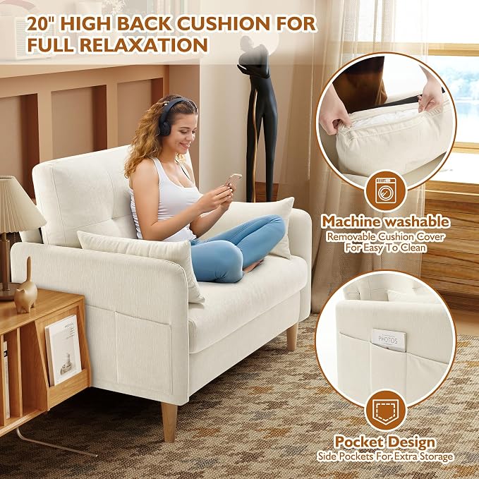 Urhanherry 47" Small Sofa Couch, Soft Chenille loveseat Mini Couch with Throw Pillow and Removable Cushion Cover for Small Spaces, Bedroom, Apartment, Dorm, Office, Living Room(Beige)