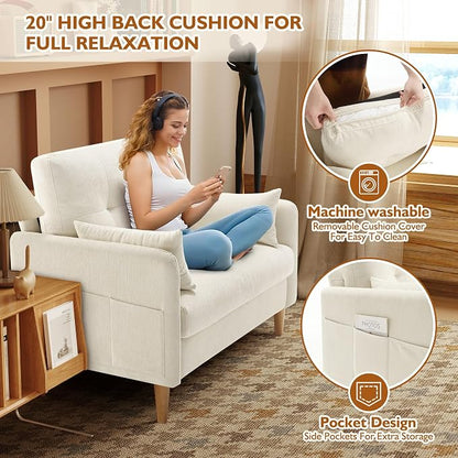 Urhanherry 47" Small Sofa Couch, Soft Chenille loveseat Mini Couch with Throw Pillow and Removable Cushion Cover for Small Spaces, Bedroom, Apartment, Dorm, Office, Living Room(Beige)