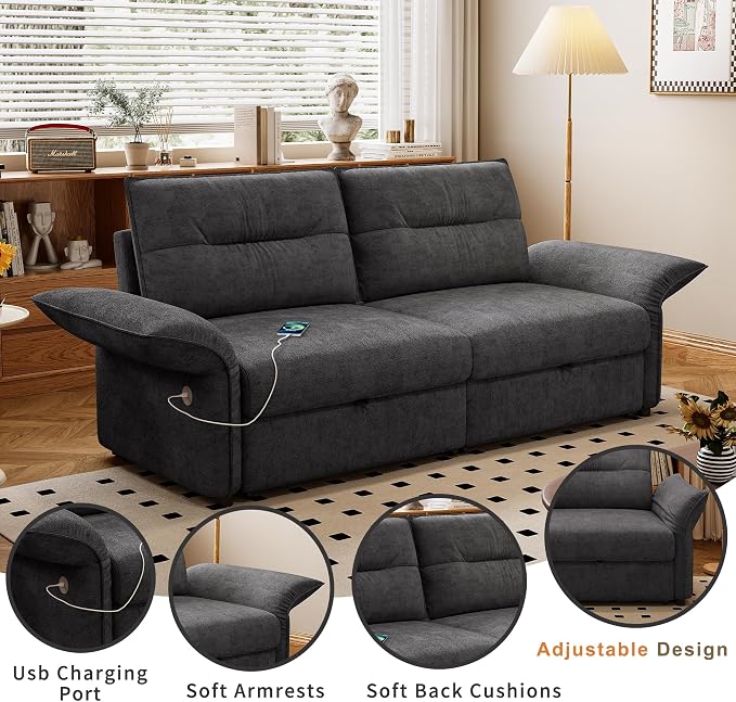 85" Pull Out Sofa Bed Full Size, Pre-Assembled Flannel Sleeper Sofa, Convertible Loveseat Futon Couch, Adjustable Armrest with USB, Pillows, for Apartment, Living Room, Small Spaces, Dark Grey
