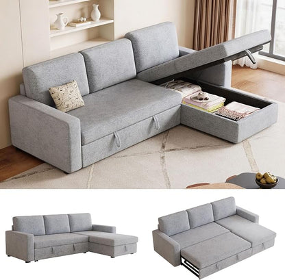 81" Convertible L-Shaped Pull Out Sectional Sleeper Sofa Bed, Light Gray | Storage Chaise, Pull Out Sectional Couch, Removable Cushions, Chenille Fabric, For Small Apartment & Living Room