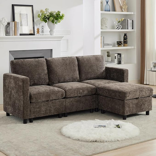 WUTUTUEE 83'' Modular Sectional Sofa Convertible L Shaped Couch Set for Living Room, 4 Seat Storage Modular Sofa with Movable Ottoman, Chenille Brown