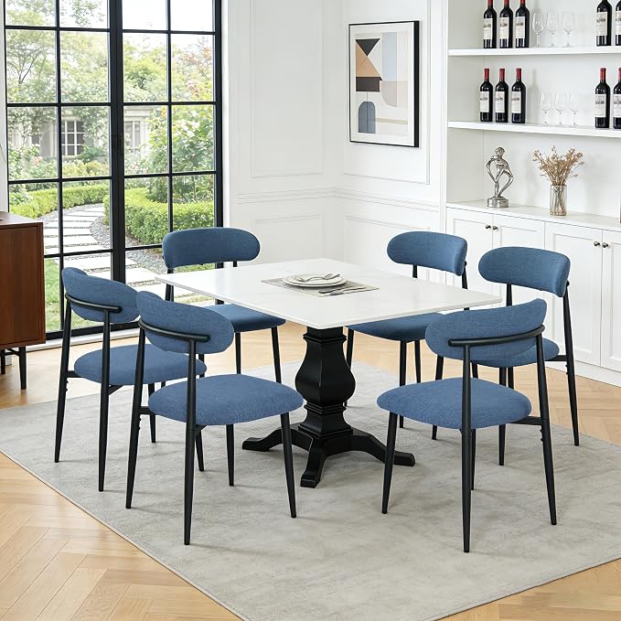 FREKEN Modern Upholstered Dining Chairs Set of 6, Mid-Century Metal Frame Linen Fabric Side Chair for Kitchen Dining Room, 350lbs Capacity, Blue