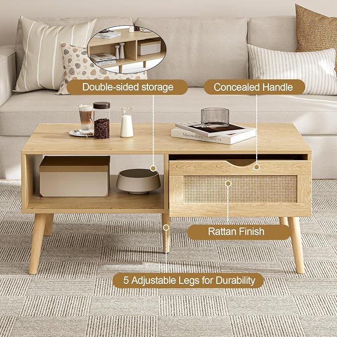 ZttRiee Rattan Coffee Table with Drawer, Boho, Natural | 39.4"L x 19.7"W x 16.9"H, 220 lbs capacity, 1 rattan drawer & open compartments, solid wood legs, ~30 min assembly