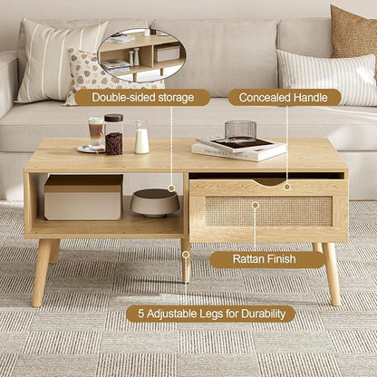 ZttRiee Rattan Coffee Table with Drawer, Boho, Natural | 39.4"L x 19.7"W x 16.9"H, 220 lbs capacity, 1 rattan drawer & open compartments, solid wood legs, ~30 min assembly