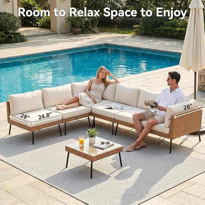 Aoxun 7-Piece Patio Furniture Set, Wicker Outdoor Furniture with Water Resistant Thick Cushions, Patio Conversation Set Outdoor Sectional Sofa with Coffee Table for Backyard Poolside, Beige