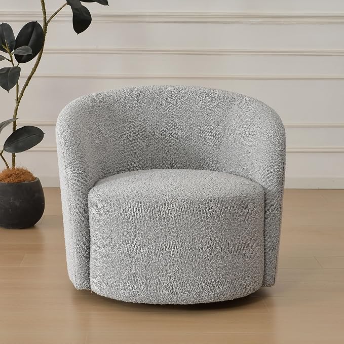 KINWELL 34" W Mid Century Modern Swivel Barrel Chair, Round Upholstered Boucle Swivel Accent Chairs, No Assembly Sofa Chair for Living Room Bedroom Reading Apartment Lounge Nursery(Black White)