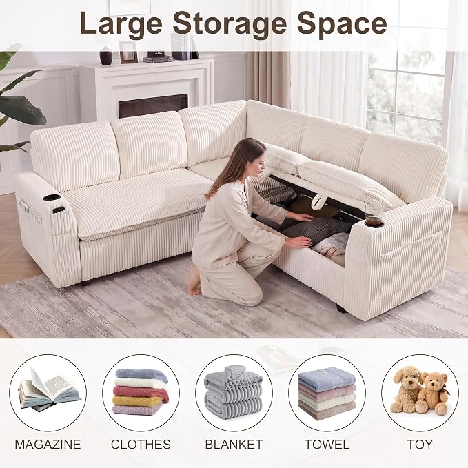 Sectional Sleeper Sofa with Pull Out Bed, Plush Corduroy 5 Seat Modular Sectional Sofa with Storage Chaise and Adjustable Backrest, Cloud Couches for Living Room, Apartment, Beige