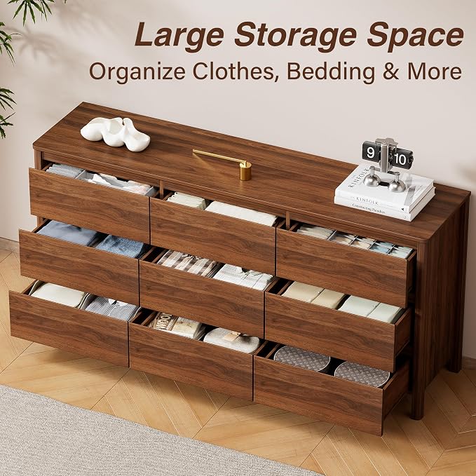 Furniway 63" Mid-Century Modern Dresser for Bedroom, 9 Drawer Wide Chest of Drawers with Wood Legs, Large Storage Bedroom Dresser, Walnut