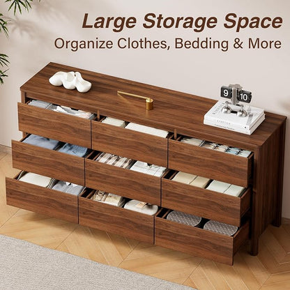 Furniway 63" Mid-Century Modern Dresser for Bedroom, 9 Drawer Wide Chest of Drawers with Wood Legs, Large Storage Bedroom Dresser, Walnut