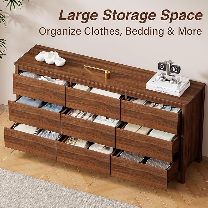Furniway Walnut Mid-Century Modern 3 Piece Bedroom Furniture Set, 9 Drawer Dresser with Handleless Wood Grain Design and Nightstands Set of 2, Minimalist Storage Dresser for Bedroom