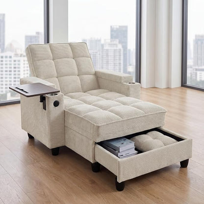 Convertible Sleeper Chair, Pull Out Sofa Bed with Adjustable Backrest & Hidden Storage Armrest, Single Sofa Recliner with USB Charging Port & Cup Holders for Living Room, Bedroom, Beige
