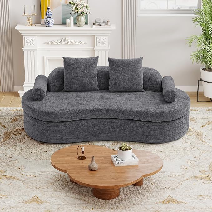AVZEAR 78" Curved Loveseat Sofa, Modern 2 Seater Cloud Couch for Living Room, Chenille Upholstered Love Seat with High-Density Foam, No Assembly Required, 2 Bolster Pillows & 2 Square Pillows (Gray)