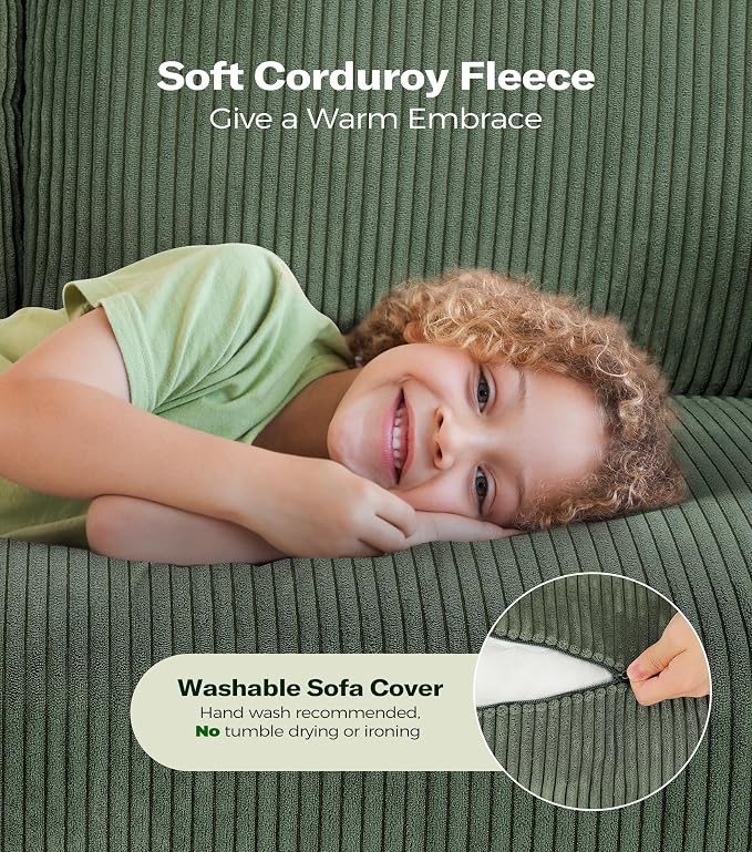 Welzona 3-Layers Cloud Loveseat Sofa, 51" Corduroy Small Couch for Living Room, Bedroom - Tool-Free Assembly Small Sofa - Green - Futon Couch - Removable Washable Covers - 650lbs Capacity
