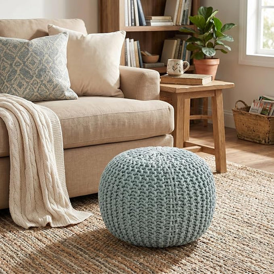 BIRDROCK HOME Round Pouf Ottoman Foot Rest - 18.5”x18.5”x15” Boho Compact Comfortable Soft Cotton Braided Foot Stool with Bean Bag Filling for Living Room, Bedroom, or Nursery (Sage Green)