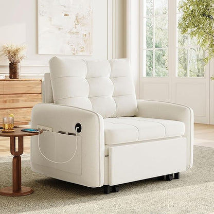 ERYE Modern Foldable Chair Sofa Convertible Pull Out Sleeper Sofabed,Single Seat Tufted Upholstered Sofa Convertible Chaise Lounge Bed with USB-Ports and Side Pockets