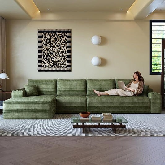 AUGOP 136" Sectional Couches for Living Room Modern Modular Sofa with L-Shape Couchs Upholstered Boneless Couch Deep Seat Sectional Couch with Chaise (Green, Left Facing Chaise+3Seaters)