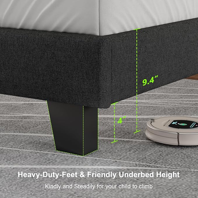Feonase King Size Bed Frame, Upholstered Bed Platform with Button Tufted Headboard, Heavy Duty Wooden Slats & Thickened Feet, No Box Spring Needed, Noise-Free, Easy Assembly, Dark Grey