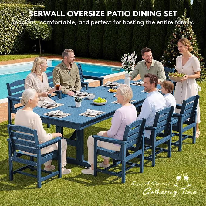 SERWALL 9 Piece 84" HDPE Outdoor Dining Set for 8 with Armchairs and Umbrella Hole, Blue